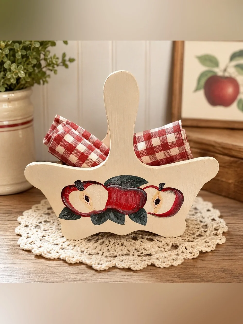 Vintage Wood Caddy Hand Painted Apple Country Kitchen Primitive Decor